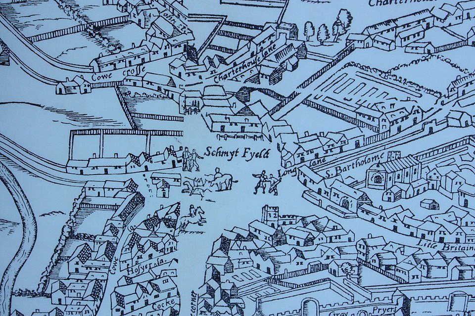 Smithfield from the "woodcut" map of c. 1561, illustrating its proximity with open fields to the west, and cattle pens by the City